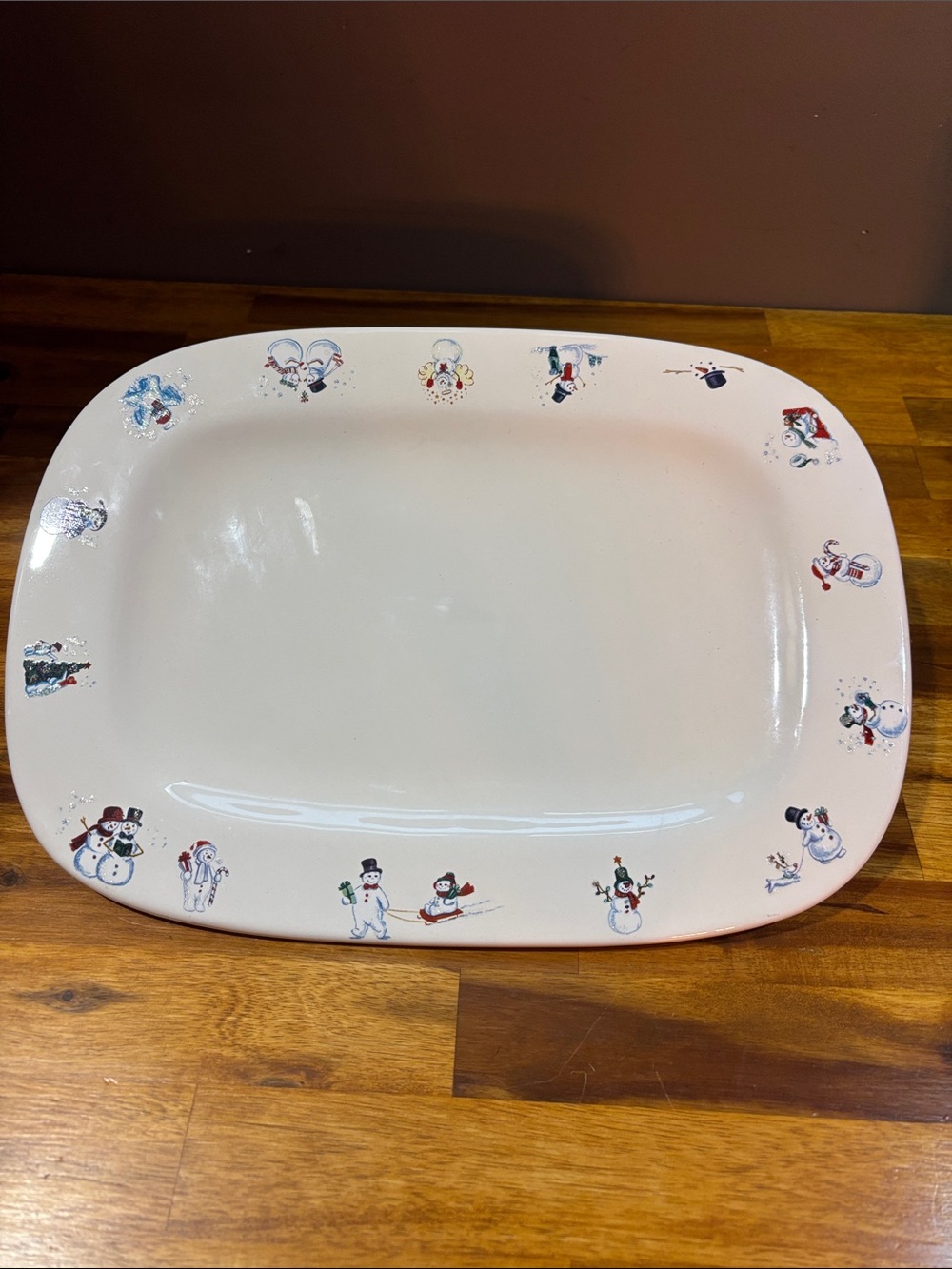 Vintage Bath & Body Works White Snowman Serving Platter with Multicolor Accents